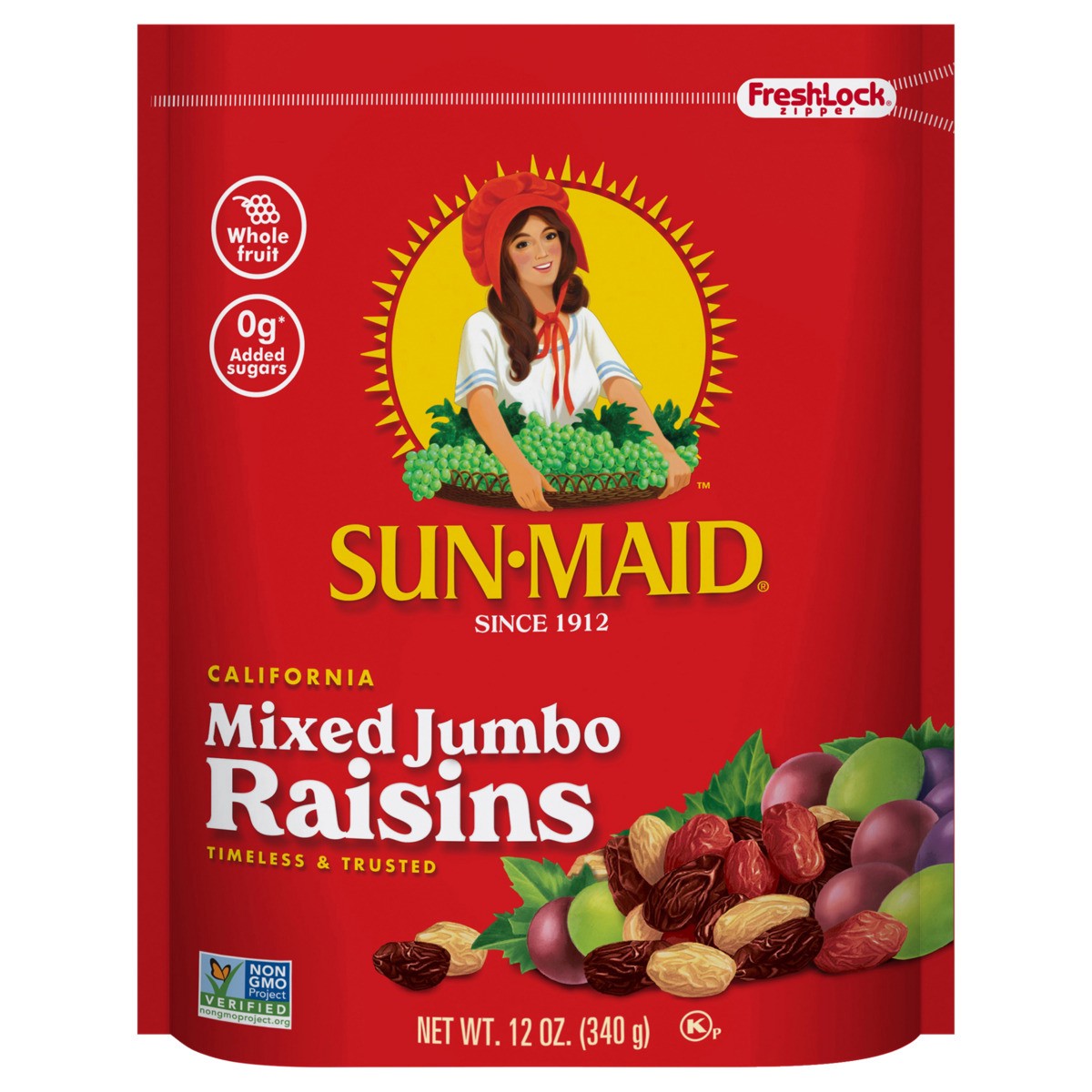 slide 1 of 3, Sun-Maid California Mixed Jumbo Raisins Resealable Stand-up 12oz Bag, 12 oz