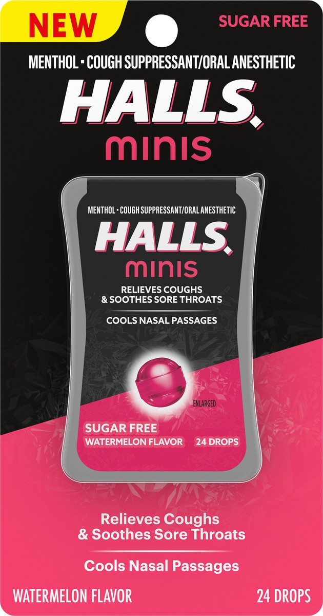 slide 6 of 12, HALLS Minis Watermelon Flavor Sugar Free Cough Drops, 24 Drops, 0.51 oz