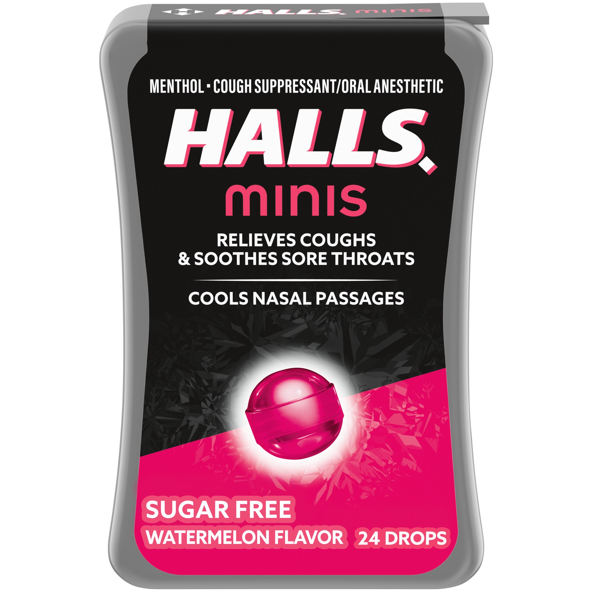 slide 1 of 12, HALLS Minis Watermelon Flavor Sugar Free Cough Drops, 24 Drops, 0.51 oz