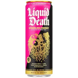 Liquid Death Sparkling Energy Scary Strawberry - Zero Sugar Energy Drink, 100mg Unextreme Caffeine, Essential Vitamins, 12 fl oz