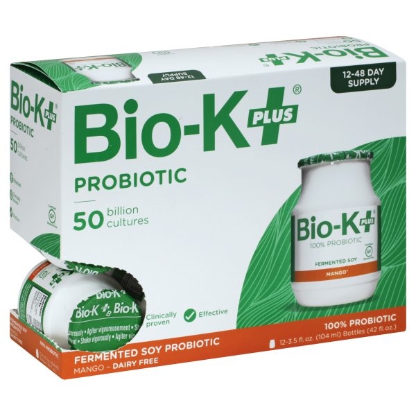 slide 1 of 4, Bio-K+ Probiotic, Fermented Rice, Mango, 12 ct