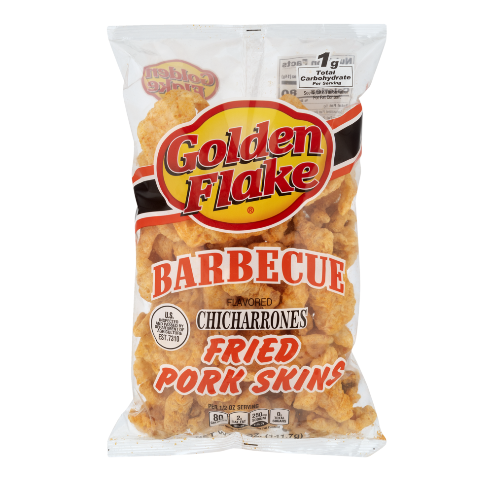 slide 1 of 1, Golden Flake Fried Pork Skins Barbecue Flavored Chicharrones, 5 oz