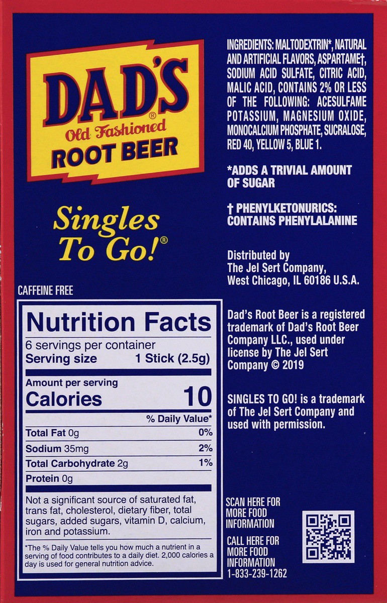 slide 4 of 9, Dad's Old Fashioned Dads Root Beer Old Fashioned Zero Sugar Singles To Go Root Beer Drink Mix 6 ea, 6 ct