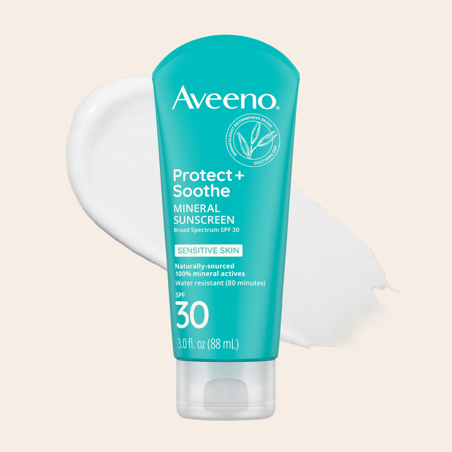 slide 3 of 9, Aveeno Protect + Soothe Mineral Sunscreen Broad Spectrum SPF 30, 3 Fl. Oz, 3 oz