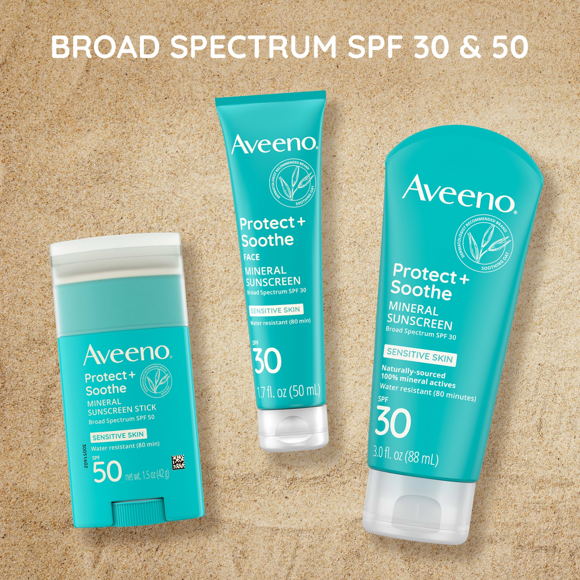 slide 6 of 9, Aveeno Protect + Soothe Mineral Sunscreen Broad Spectrum SPF 30, 3 Fl. Oz, 3 oz