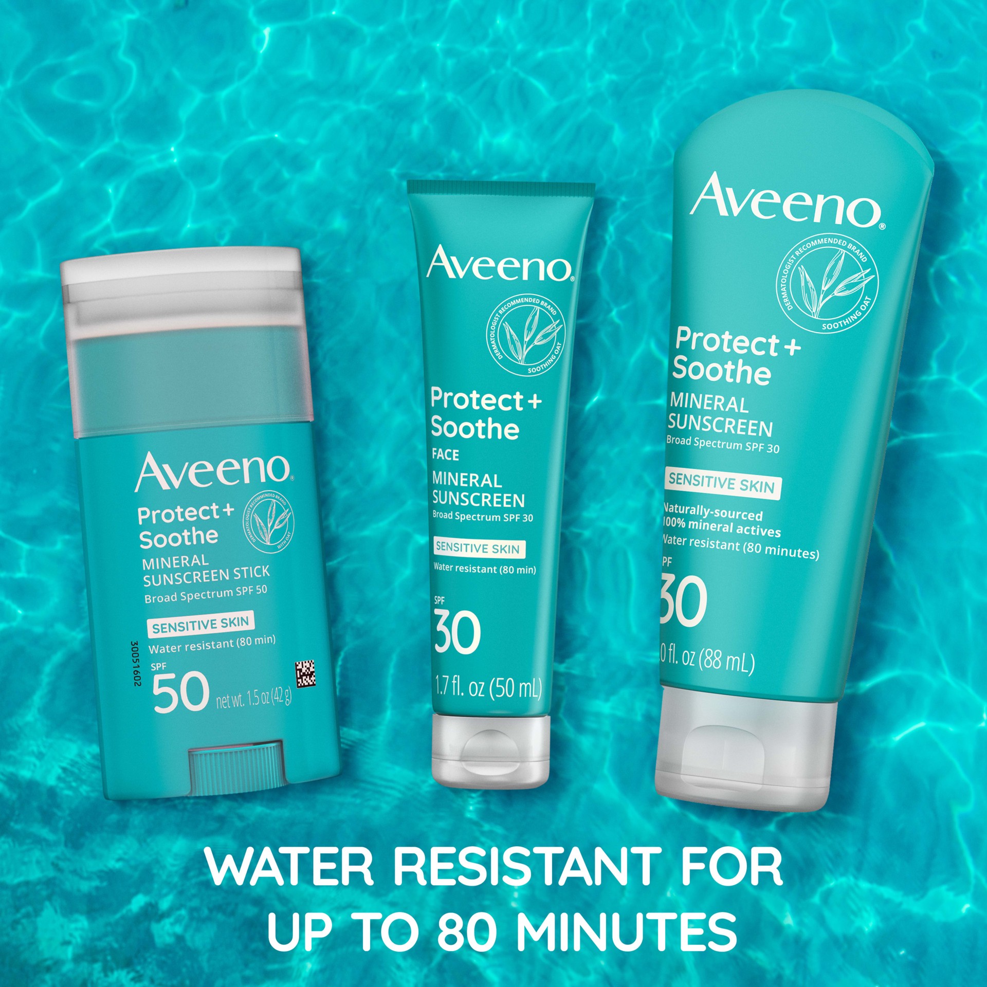 slide 5 of 9, Aveeno Protect + Soothe Mineral Sunscreen Broad Spectrum SPF 30, 3 Fl. Oz, 3 oz