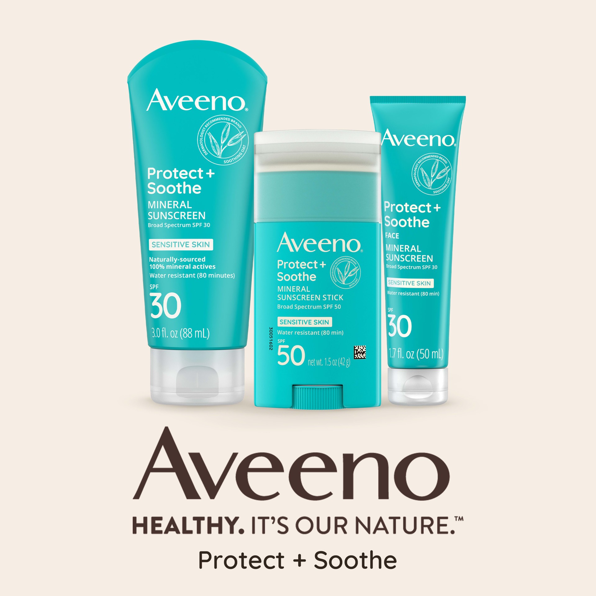 slide 8 of 9, Aveeno Protect + Soothe Mineral Sunscreen Broad Spectrum SPF 30, 3 Fl. Oz, 3 oz