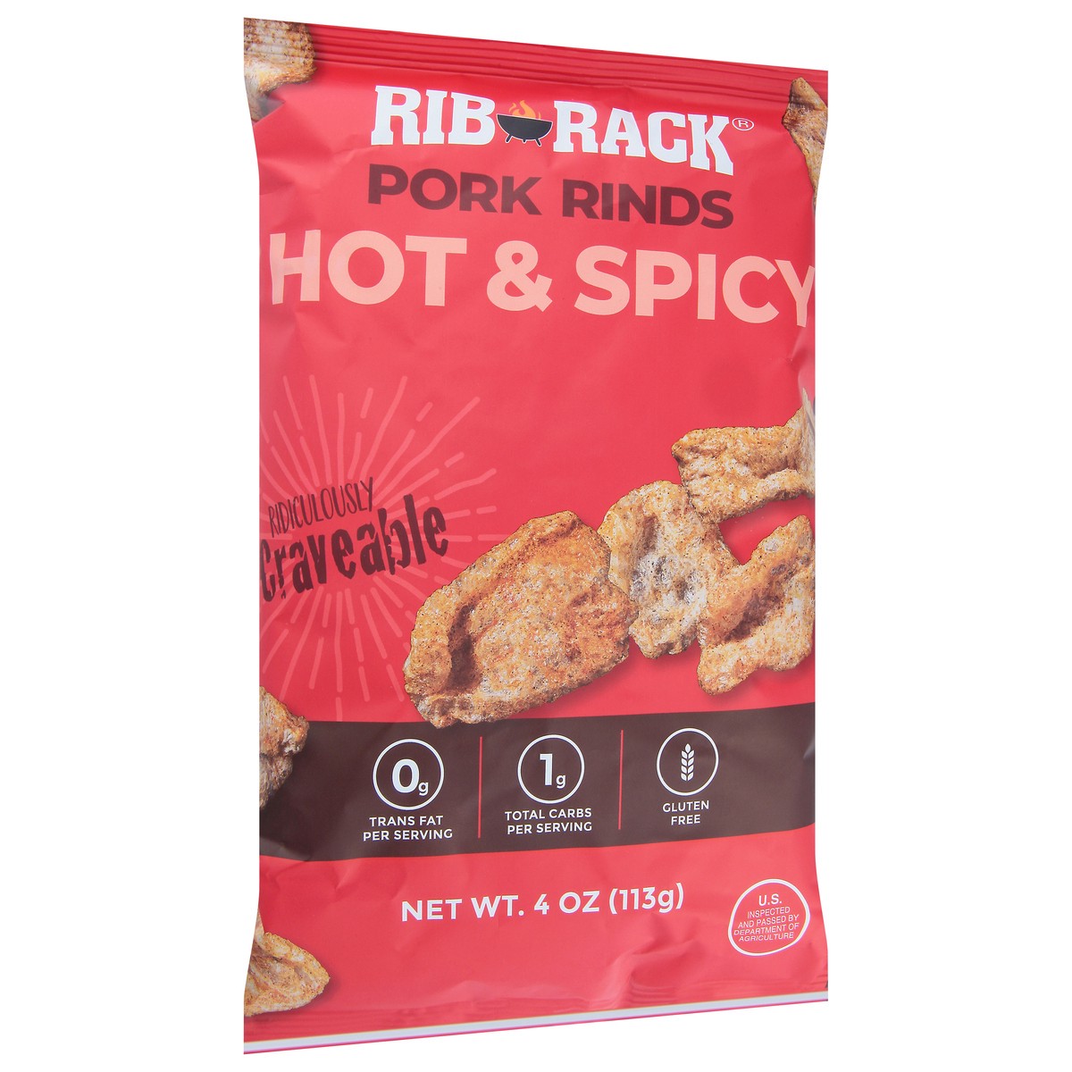 slide 2 of 9, Rib Rack Hot & Spicy Pork Rinds, 4 oz