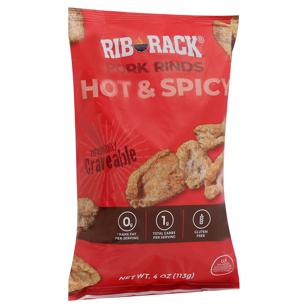 slide 1 of 1, Rib Rack Pork Rinds, Hot & Spicy, 4 oz