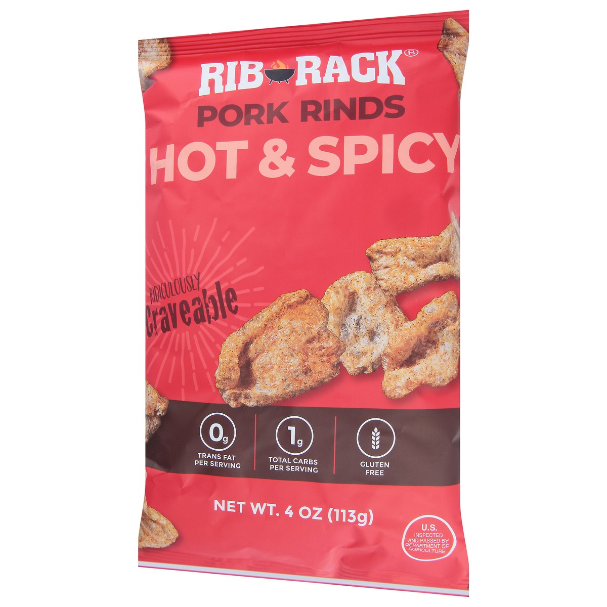 slide 3 of 9, Rib Rack Hot & Spicy Pork Rinds, 4 oz