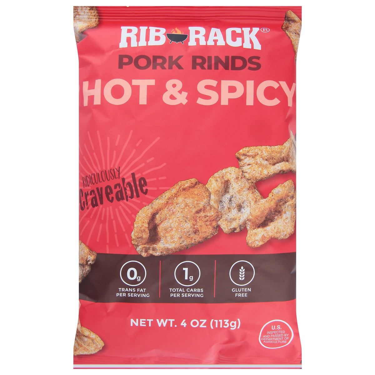 slide 1 of 9, Rib Rack Hot & Spicy Pork Rinds, 4 oz