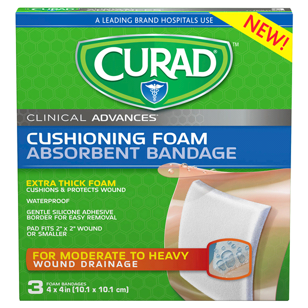 slide 1 of 1, Curad Extra Thick Foam Absorbent Bandage For Moderate To Heavy Wound Drainage, 3 ct; 4 in x 4 in