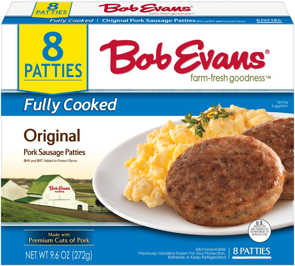 slide 1 of 8, Bob Evans Fully Cooked Original Pork Sausage Patties, 9.6 oz