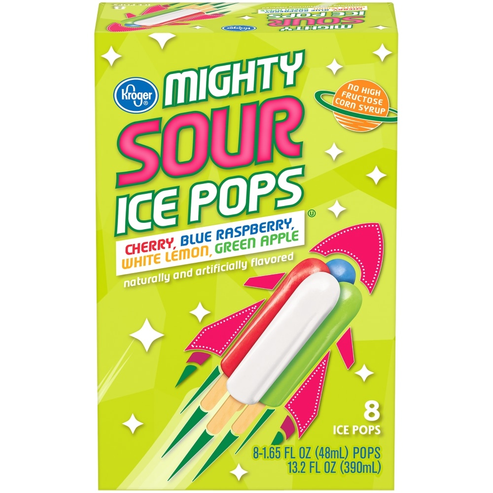 slide 1 of 1, Kroger Mighty Sour Cherry Blue Raspberry White Lemon Green Apple Ice Pops, 8 ct; 1.65 fl oz