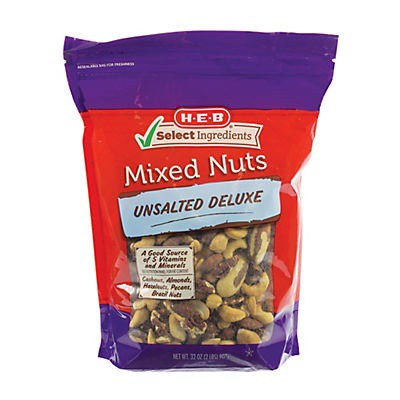 slide 1 of 1, H-E-B Mixed Nuts Deluxe Unsalted, 32 oz