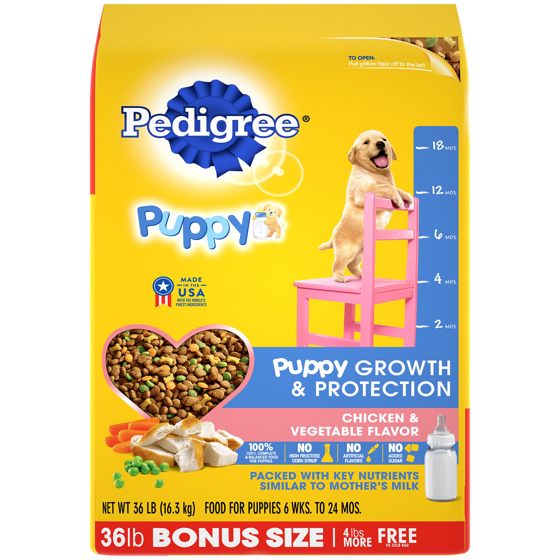 slide 1 of 9, PEDIGREE Puppy Growth & Protection Dry Dog Food Chicken & Vegetable Flavor, 36 lb. Bag, 36 lb