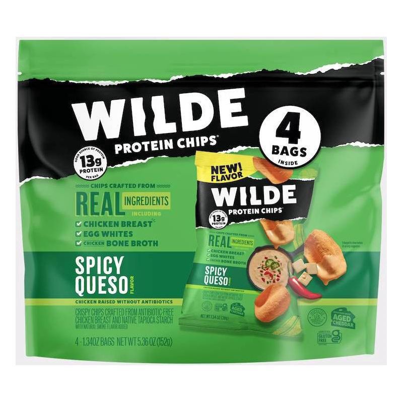 slide 1 of 5, Wilde Spicy Queso Flavor Protein Chips 4 - 1.34 oz Bags, 4 ct