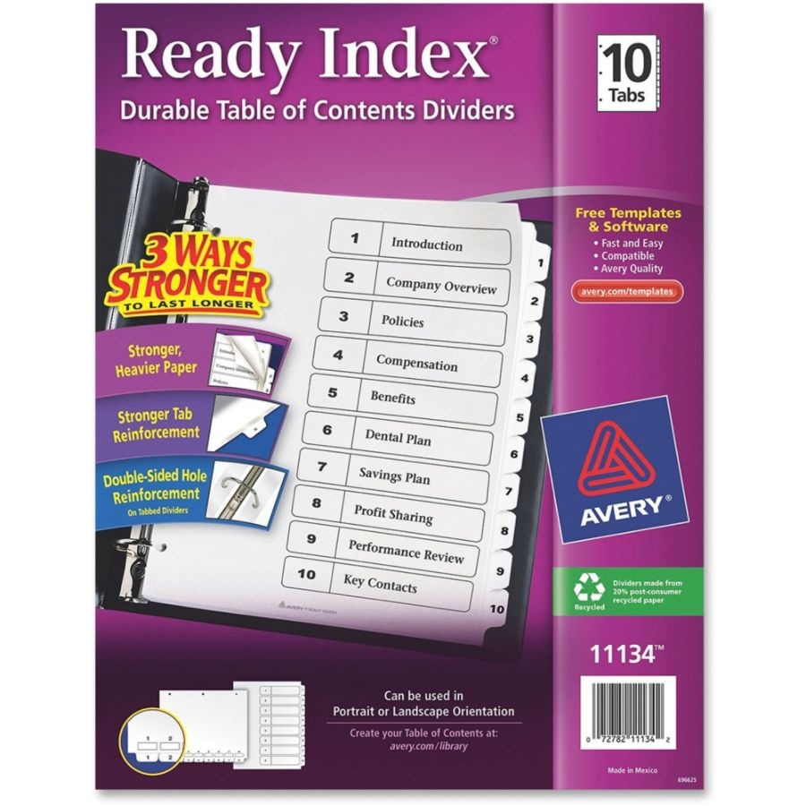 Avery Ready Index 20% Recycled Table Of Contents Dividers, 1-10 Tabs ...