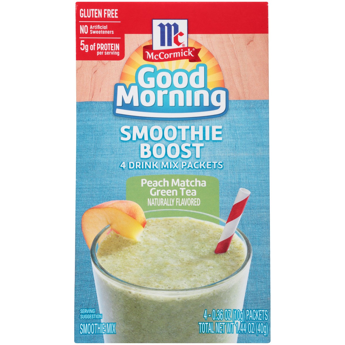 slide 8 of 14, McCormick Good Morning Peach Matcha Green Tea Smoothie Boost Mix 4-0.36 oz Packets, 1.44 oz