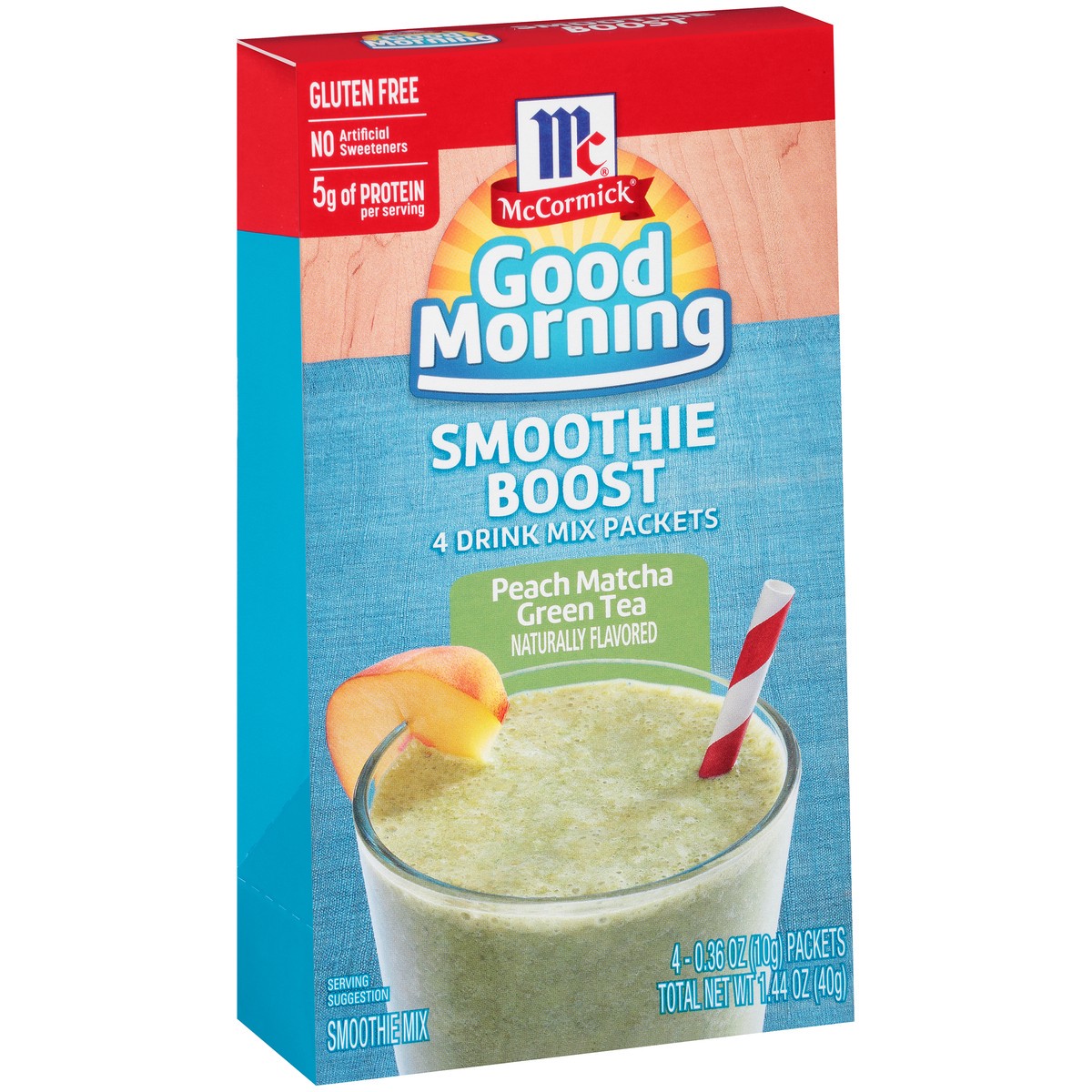 slide 2 of 14, McCormick Good Morning Peach Matcha Green Tea Smoothie Boost Mix 4-0.36 oz Packets, 1.44 oz