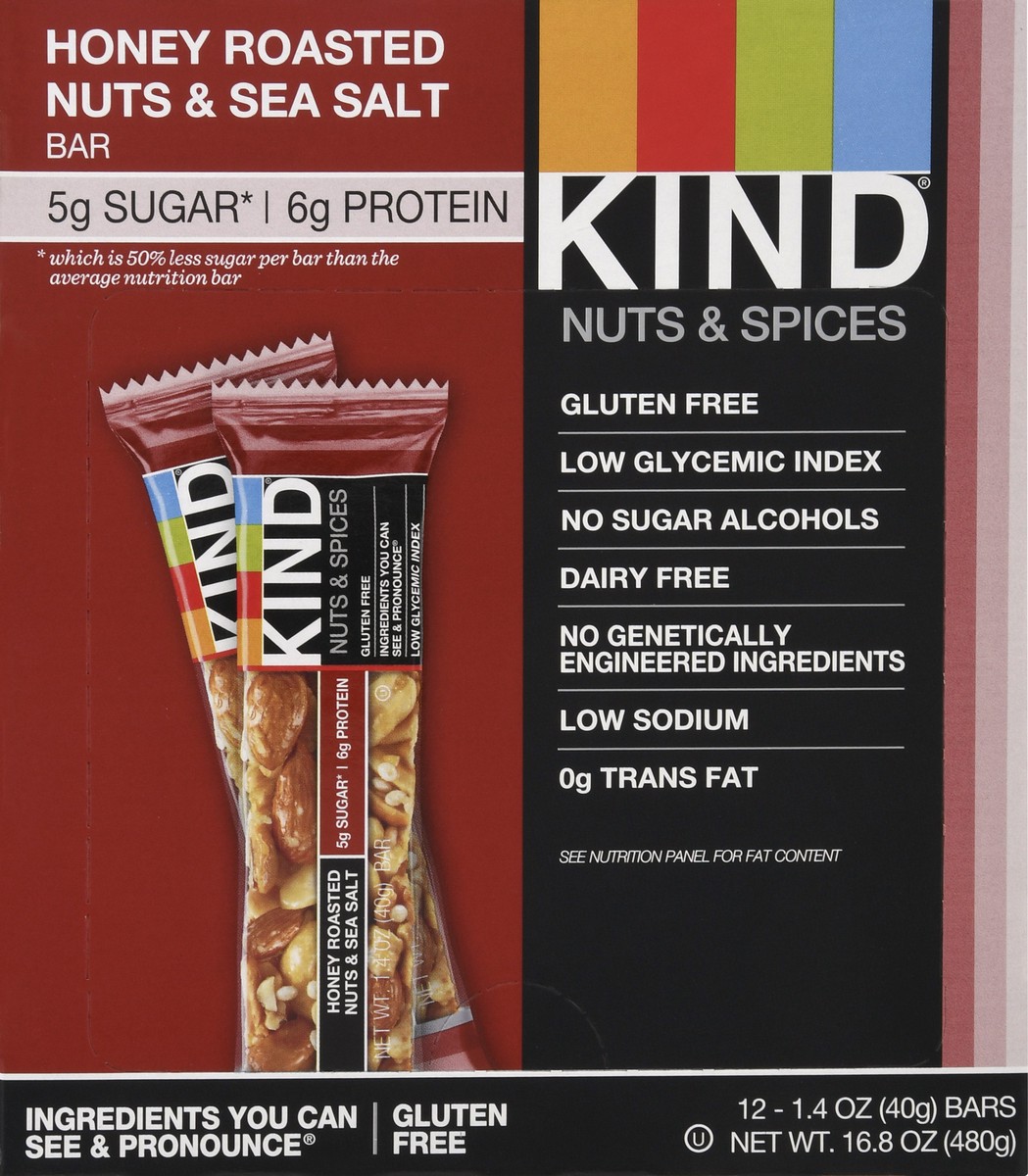 slide 1 of 9, KIND Honey Roasted Nuts & Sea Salt Nuts & Spices Bar 12 ea, 16.8 oz