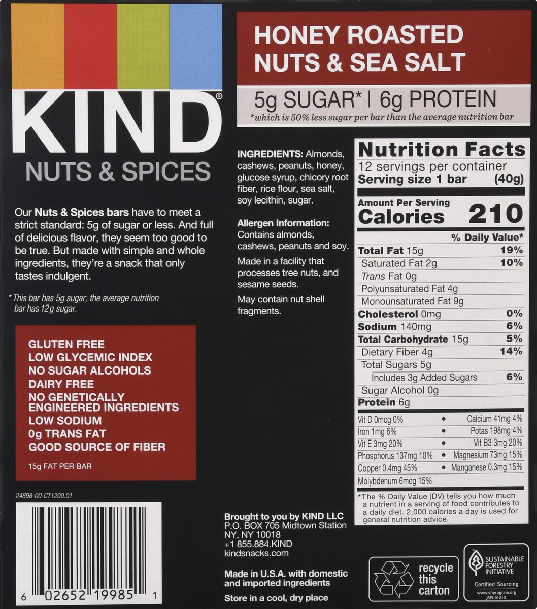 slide 5 of 9, KIND Honey Roasted Nuts & Sea Salt Nuts & Spices Bar 12 ea, 12 ct