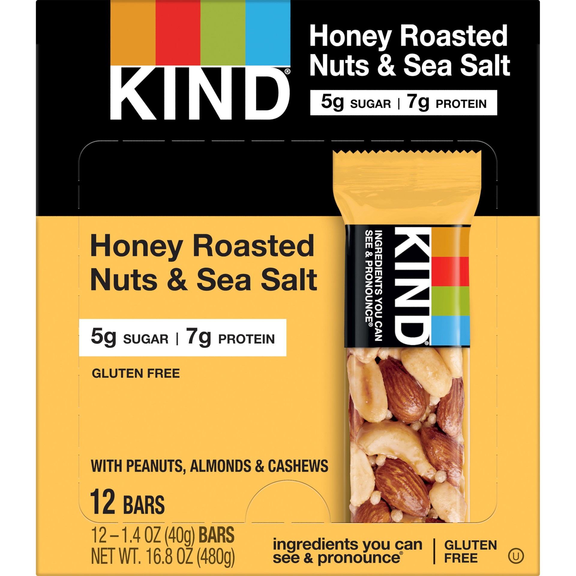 slide 1 of 9, KIND Gluten Free Honey Roasted Nuts & Sea Salt Snack Bars, 1.4 oz, 12 Count Box, 16.8 oz