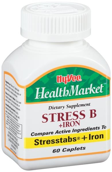 slide 1 of 1, Hy-Vee HealthMarket Stress B + Iron Dietary Supplement Caplets, 60 ct