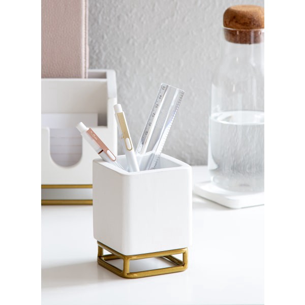 slide 6 of 7, Realspace Luna Wood/Metal Pen Cup, 4-1/4""H X 3-1/4""W X 3-1/4""D, White/Gold, 1 ct