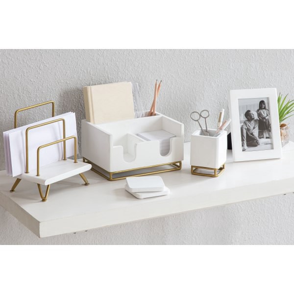 slide 7 of 7, Realspace Luna Wood/Metal Pen Cup, 4-1/4""H X 3-1/4""W X 3-1/4""D, White/Gold, 1 ct