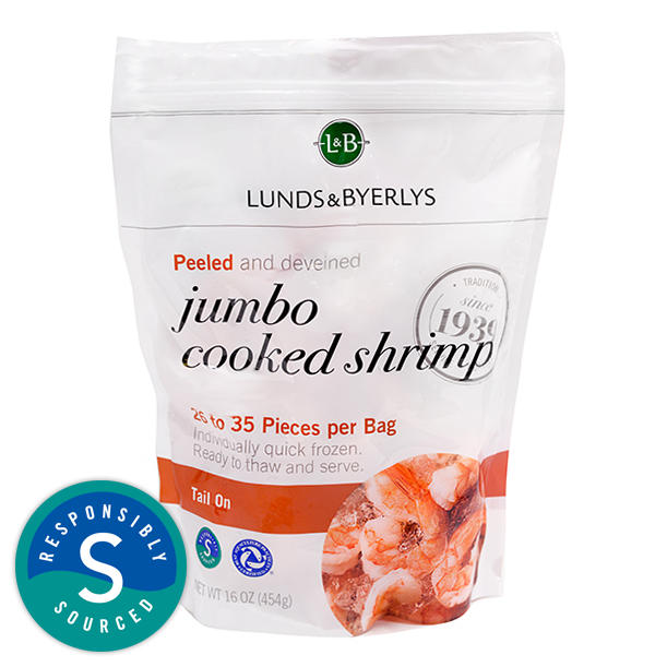 slide 1 of 1, L&B Jumbo Tail-On Cooked Shrimp, 16 oz