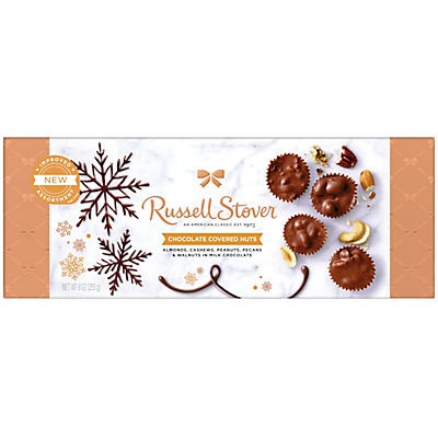 slide 1 of 1, Russell Stover Chocolate Covered Nuts Holiday Bowline Box, 9 oz