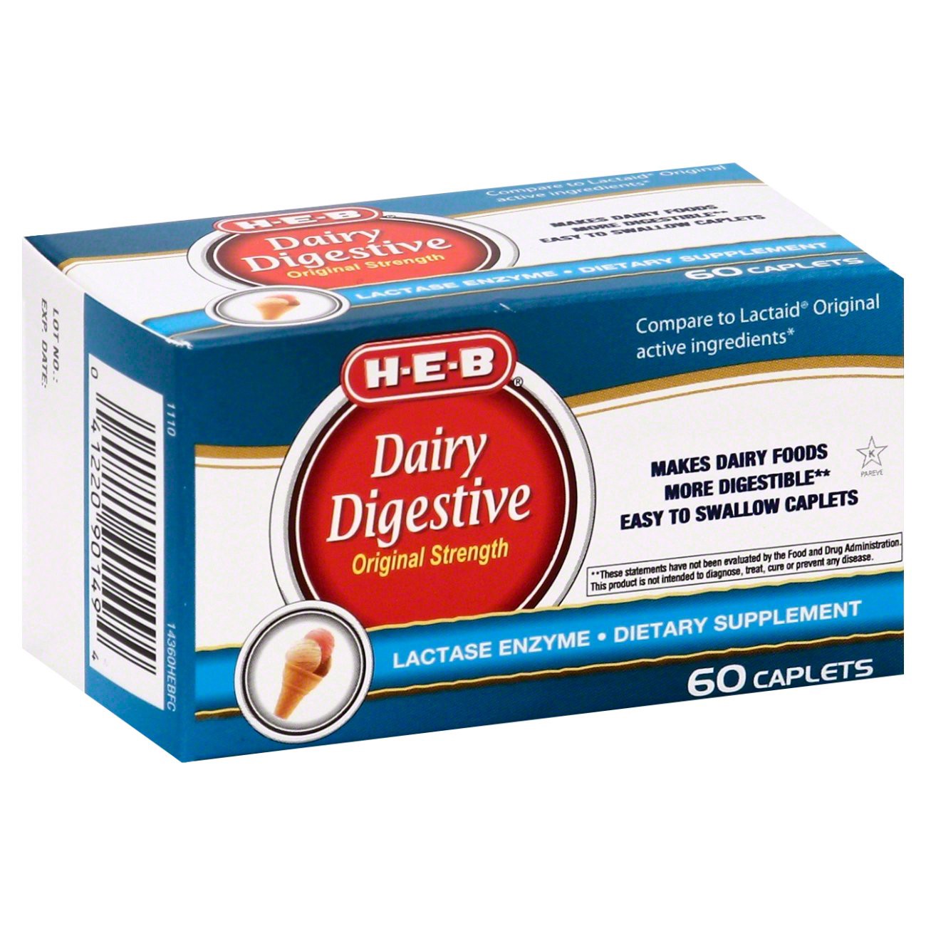 slide 1 of 1, H-E-B Dairy Digestive Original Strength Caplets, 60 ct
