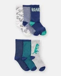 Carter's Boys 6-Pack Dinosaur Print Crew Socks, Blue/Green/Navy, Size 4-7