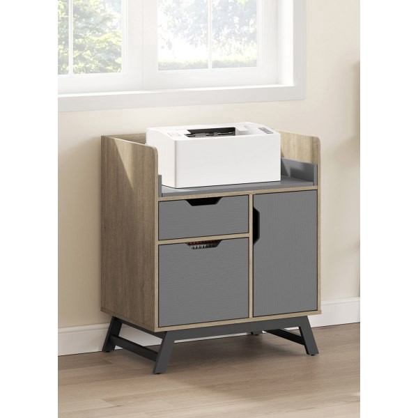 slide 2 of 10, Realspace Nashira 27"W Tech Station Printer Stand, Light Oak/Gray, 1 ct