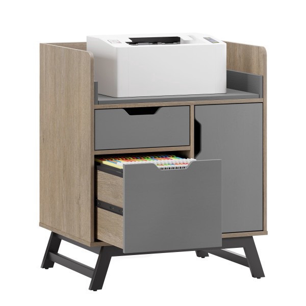 slide 5 of 10, Realspace Nashira 27"W Tech Station Printer Stand, Light Oak/Gray, 1 ct