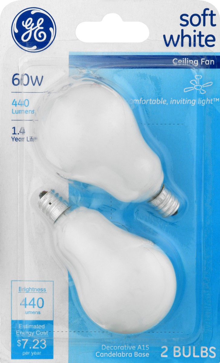 slide 2 of 10, GE Soft White Ceiling Fan 60 Watts Light Bulbs 2 ea, 2 ct