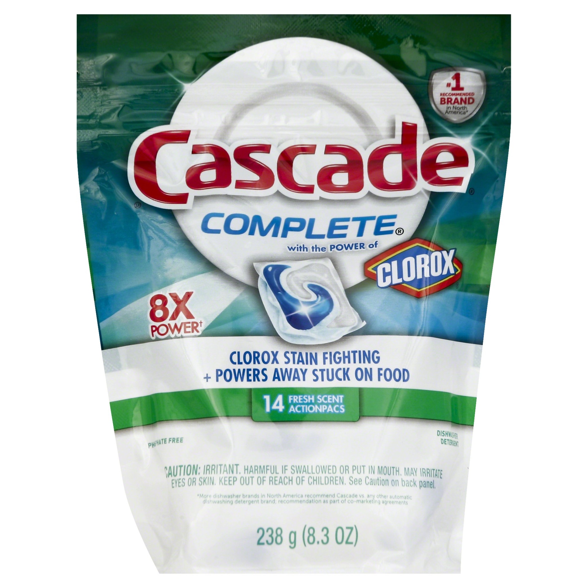 slide 1 of 1, Cascade Complete with Clorox Fresh Scent ActionPacs Dishwasher Detergent, 14 ct; 8.3 oz