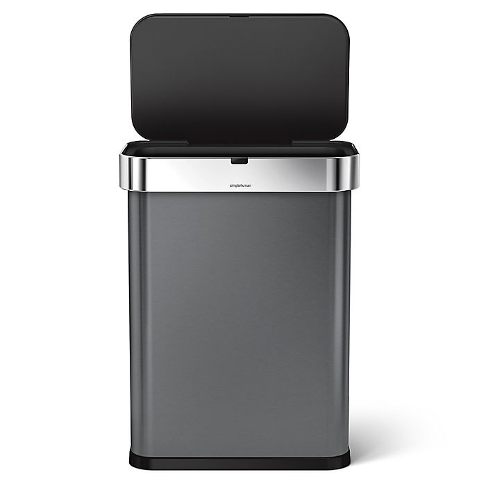 slide 1 of 1, simplehuman Rectangular Voice/Motion Sensor Trash Can - Black Stainless Steel, 58 liter