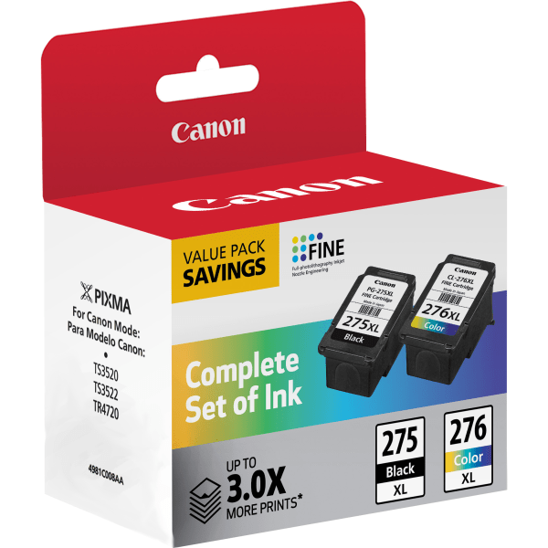 slide 4 of 4, Canon Pg-275Xl/Cl-276Xl High-Yield Black And Tri-Color Ink Cartridges, Pack Of 2, 4981C008, 2 ct