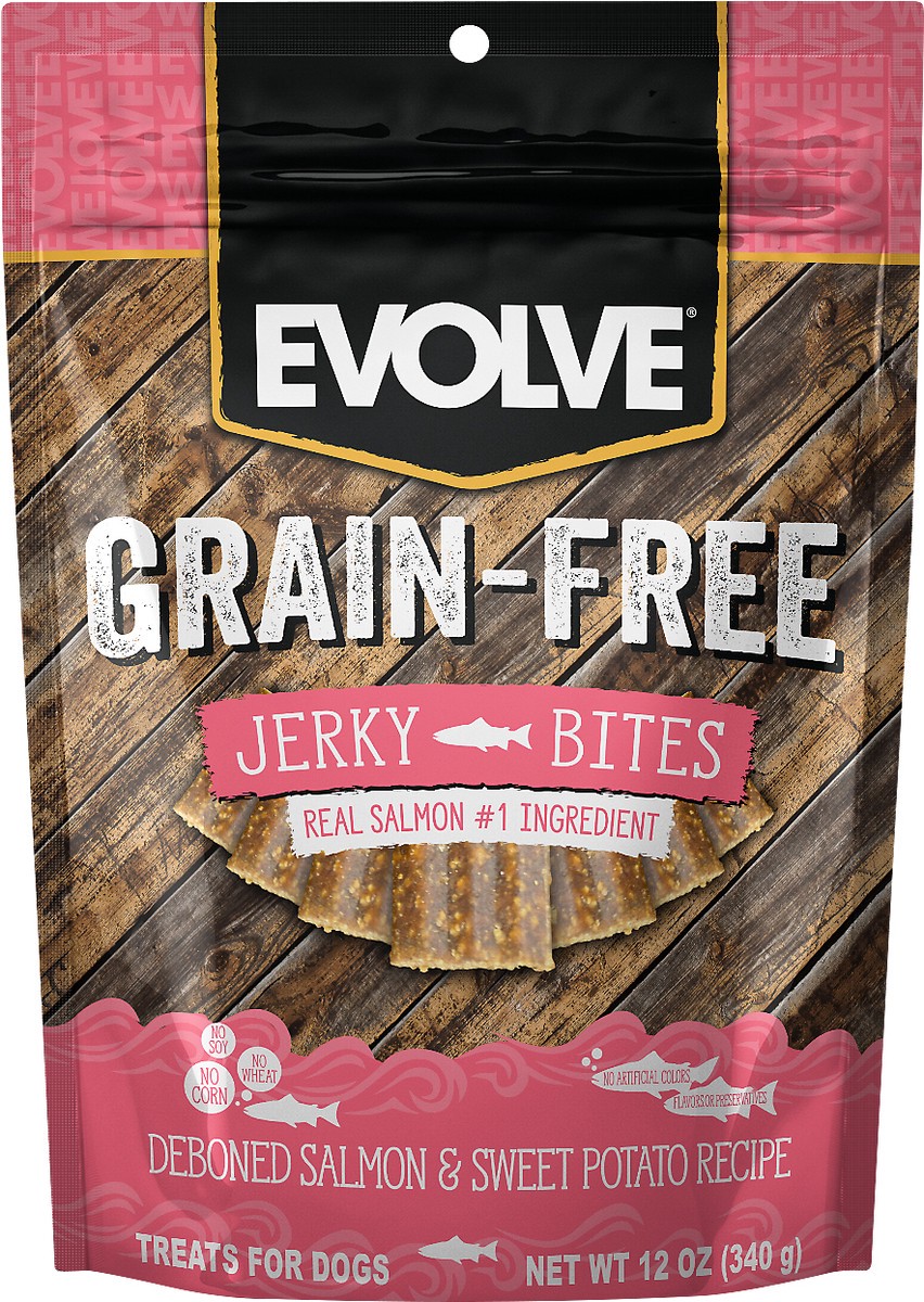 slide 2 of 4, Evolve Jerky Bites Grain-Free Deboned Salmon & Sweet Potato Recipe Treats for Dogs 12 oz, 12 oz