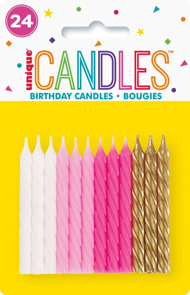 slide 1 of 1, Unique® Candles™ Birthday Candles - Pink White & Gold, 24 ct