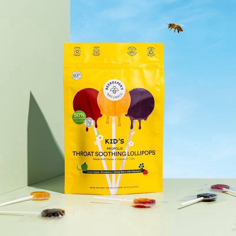 slide 2 of 5, Beekeeper's Naturals Kid's Propolis Green Apple, Strawberry + Mixed Berry with Elderberry Throat Soothing Pops 15 Each, 15 ct