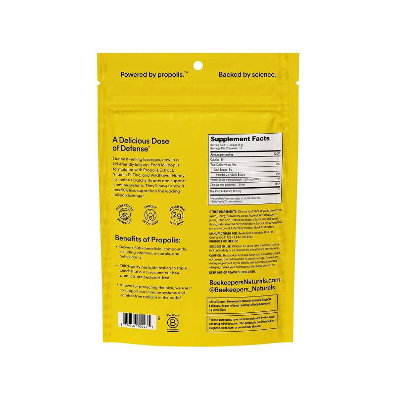 slide 5 of 5, Beekeeper's Naturals Kid's Propolis Green Apple, Strawberry + Mixed Berry with Elderberry Throat Soothing Pops 15 Each, 15 ct