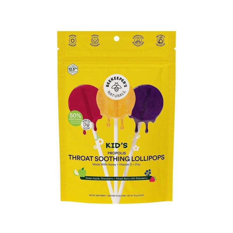 slide 1 of 5, Beekeeper's Naturals Kid's Propolis Green Apple, Strawberry + Mixed Berry with Elderberry Throat Soothing Pops 15 Each, 15 ct