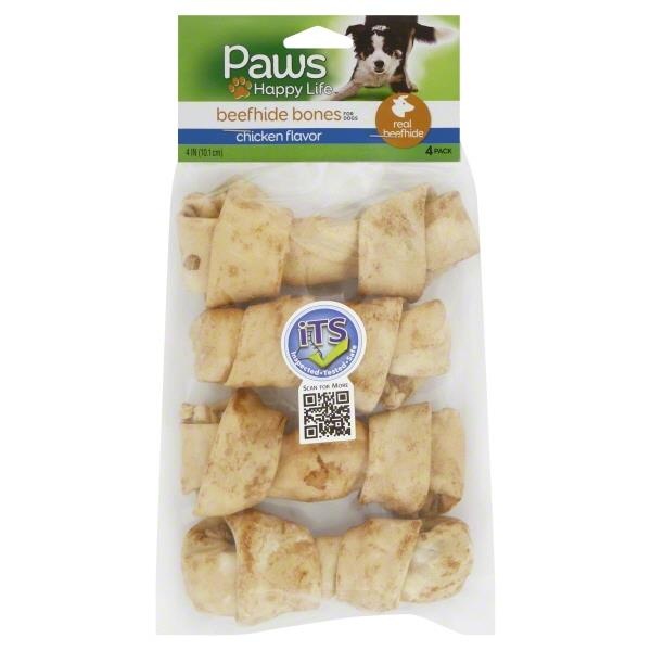 slide 1 of 1, Paws Happy Life Chicken Flavor Beefhide Bones For Dogs, 4 ct