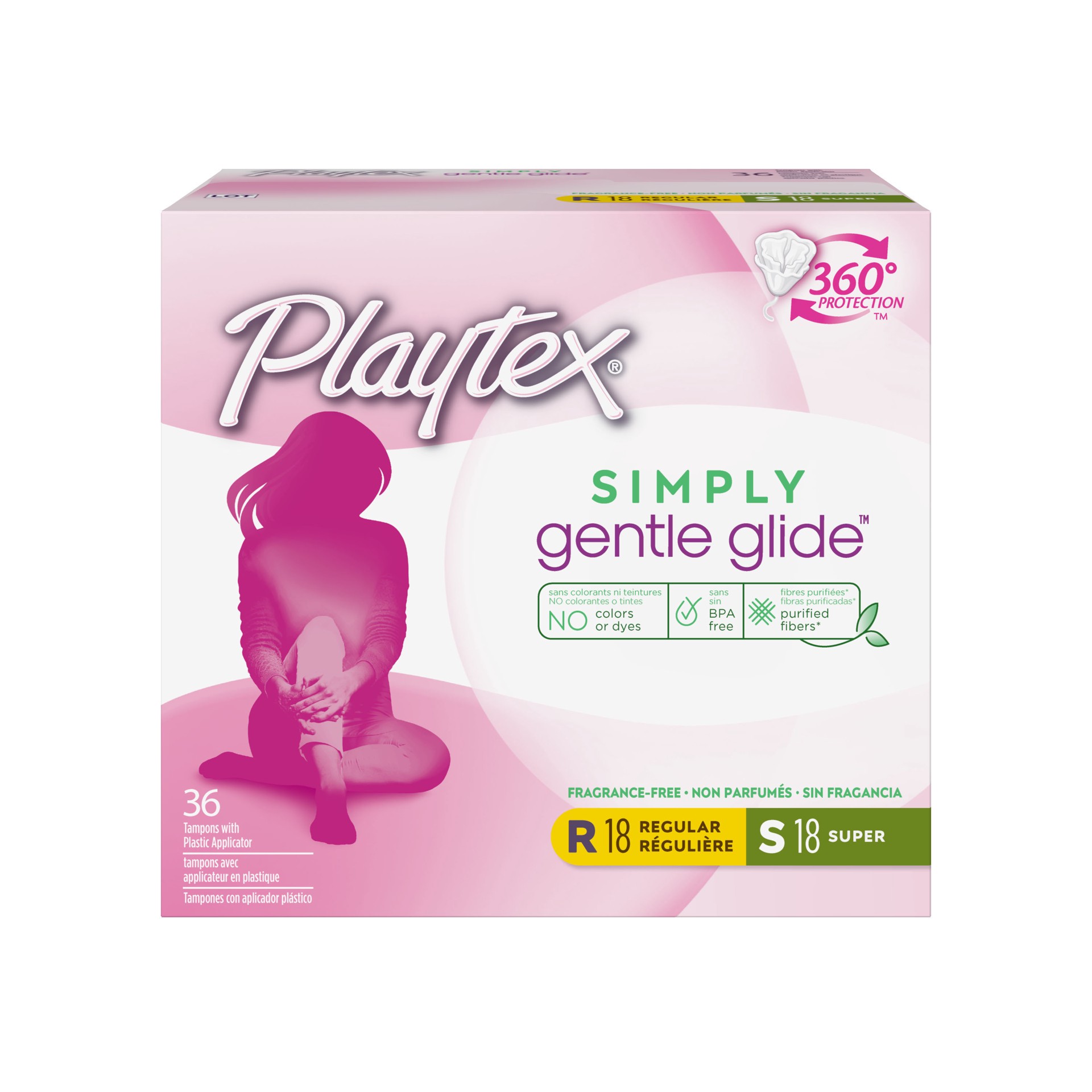 slide 1 of 7, Playtex Simply Gentle Glide Regular/Super Plastic Tampons 36 ea Box, 36 ct