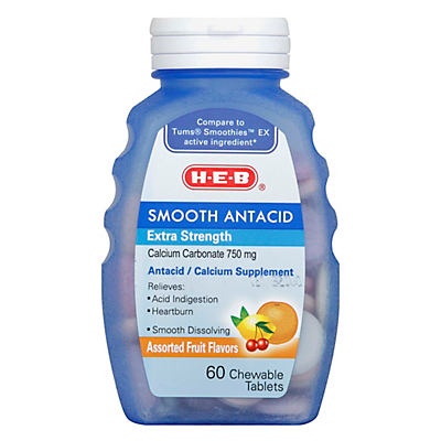 slide 1 of 1, H-E-B Extra Strength Smooth Antacid Assorted Fruit Flavors Chewable 750 mg Tablets, 60 ct