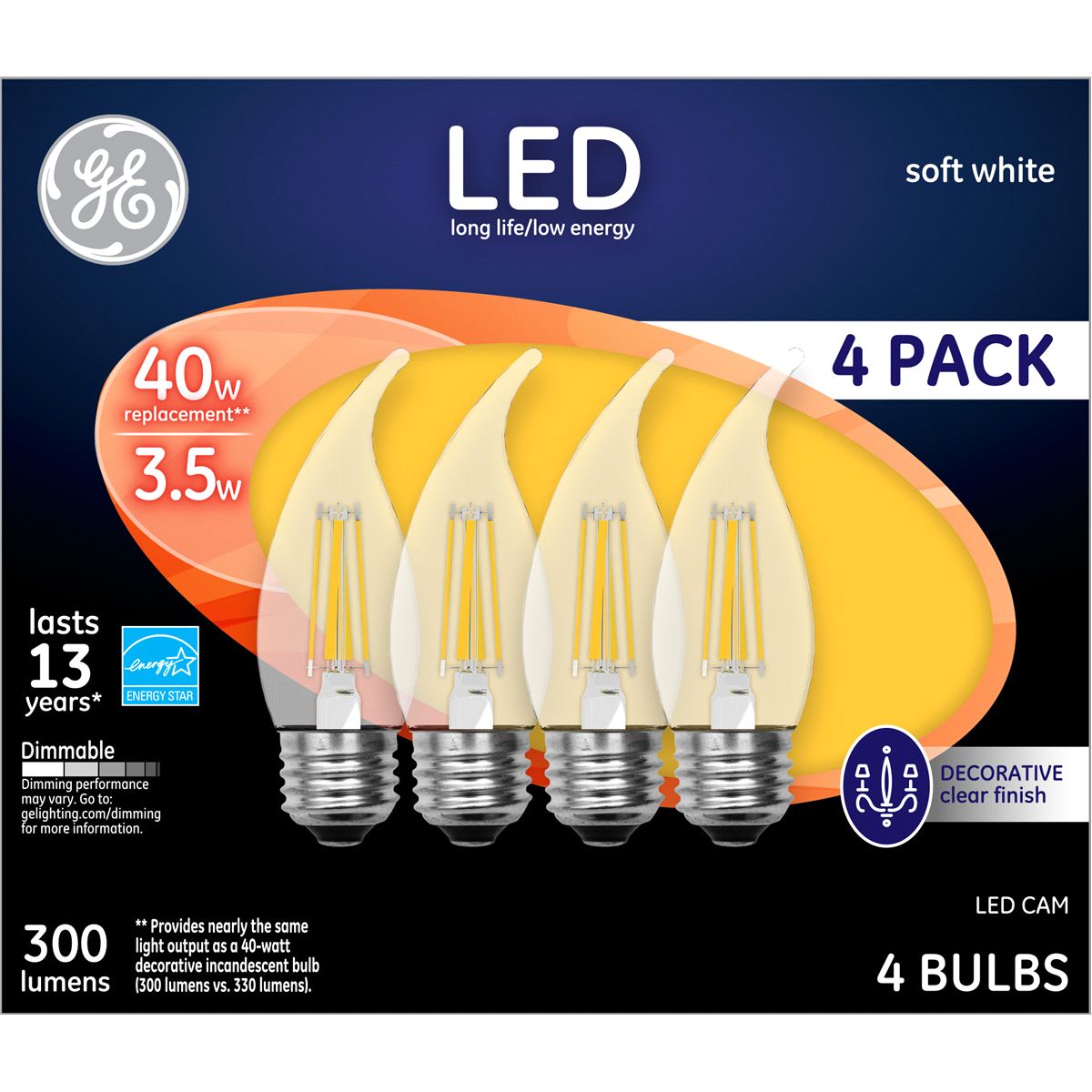 slide 1 of 5, GE Soft White 40W Replacement LED Light Bulbs Decorative Clear Bent Tip Medium Base CAM, 1 ct