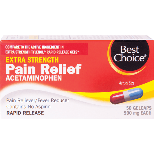 slide 1 of 1, Best Choice Extra Strength Pain Relief Acetaminophen Gelcaps, 50 ct